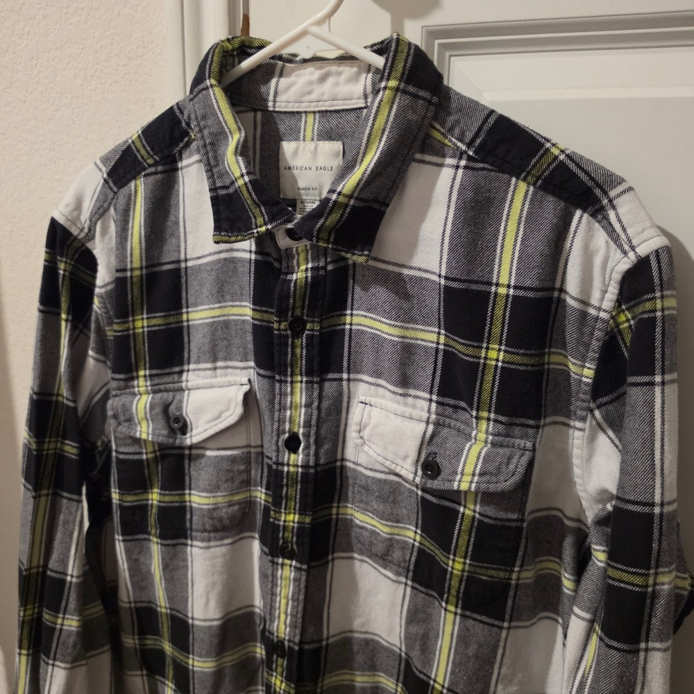 American Eagle Mens XL Classic Fit Flannel Shirt Plaid Black White Lime Green